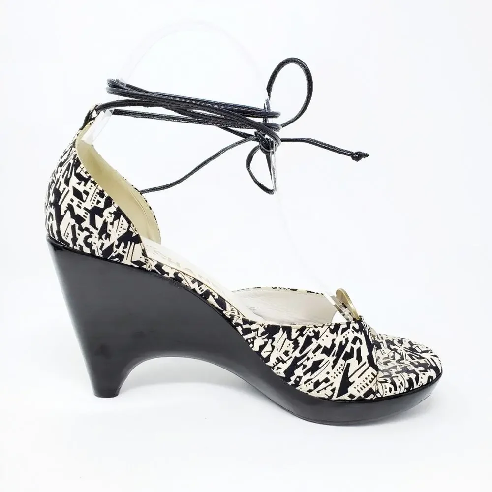 Chanel Canvas Platform Wedge Sandals Ankle Wrap-Around Straps Black White Y2K